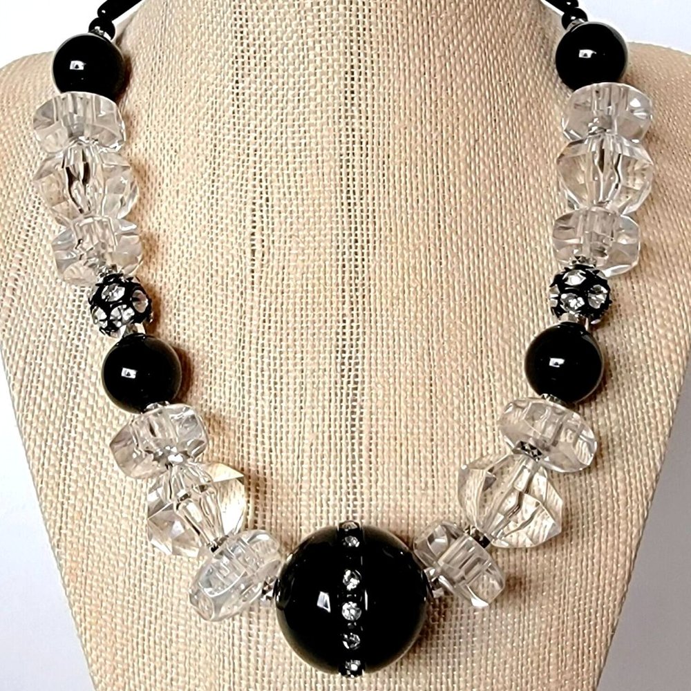 1980s Lucite Rhinestone Necklace Black Clear Acrylic Beads Rubano Caputi Look